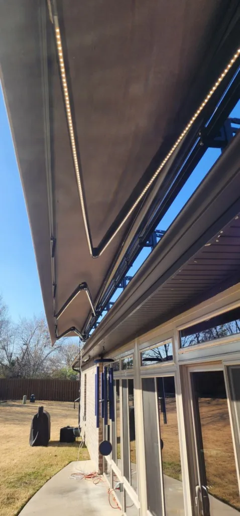 Top of the line awning tilt function LED lights hard shell covering