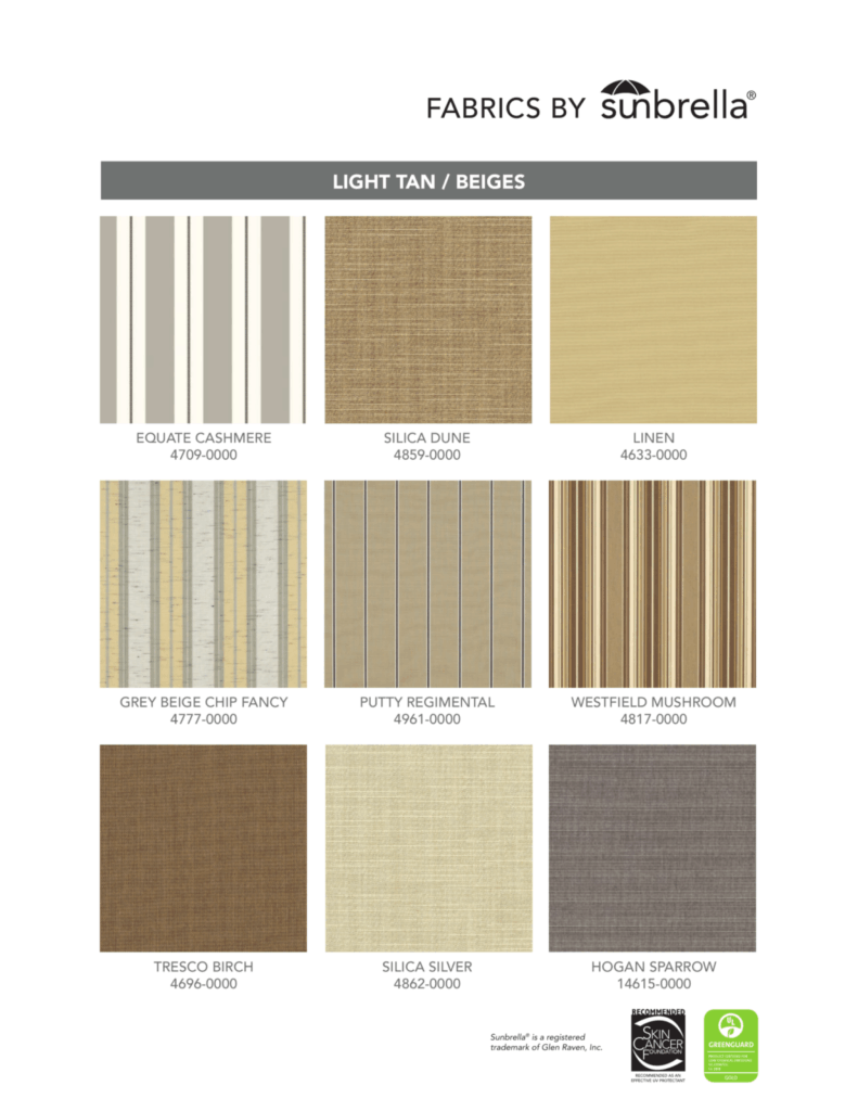 Sunbrella light tan and beige awning fabrics - 9 colors including Linen, Silica Dune, Equate Cashmere for Northwest Arkansas homes
