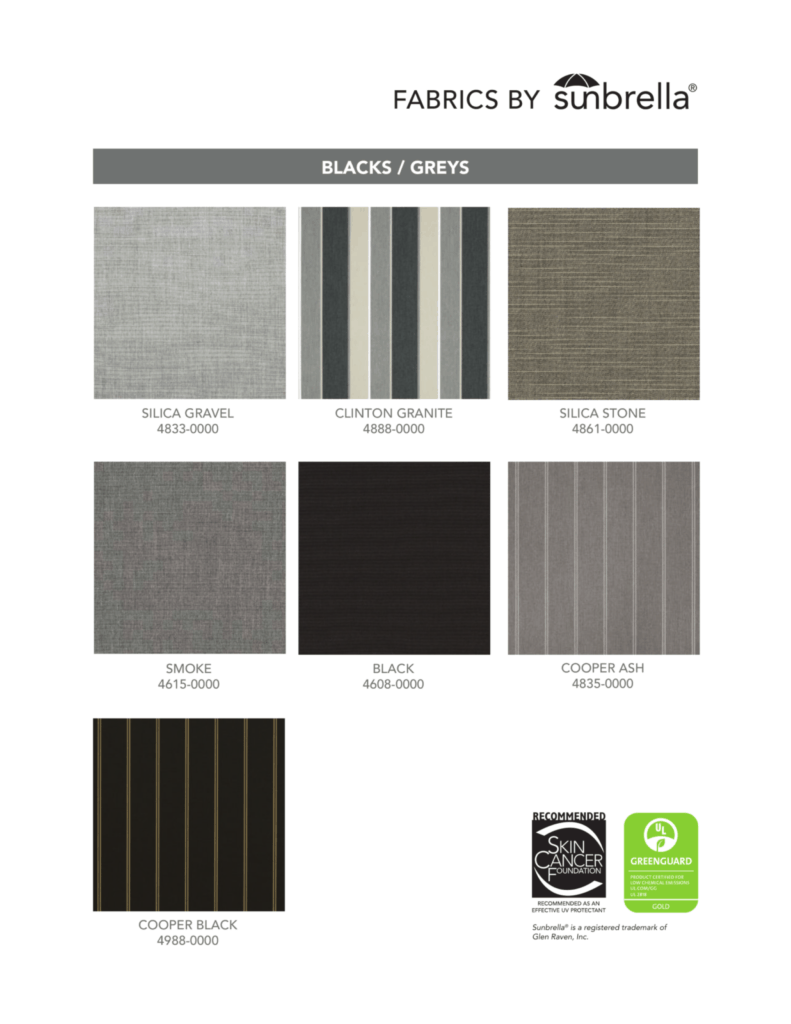Sunbrella black and grey awning fabrics - 7 colors including Silica Stone, Clinton Granite, Cooper Black for modern Arkansas homes