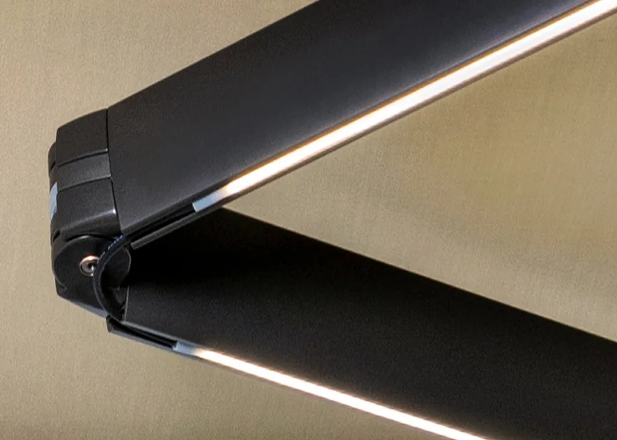 LED lights along the arms of a SunPro Full-Cassette awning