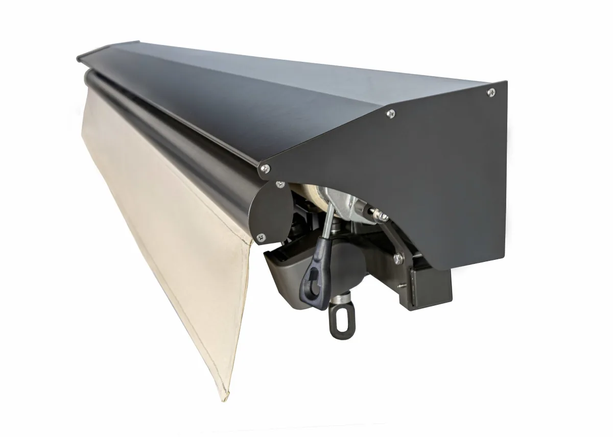 White SunPro Open-Roll retractable awning on a covered patio