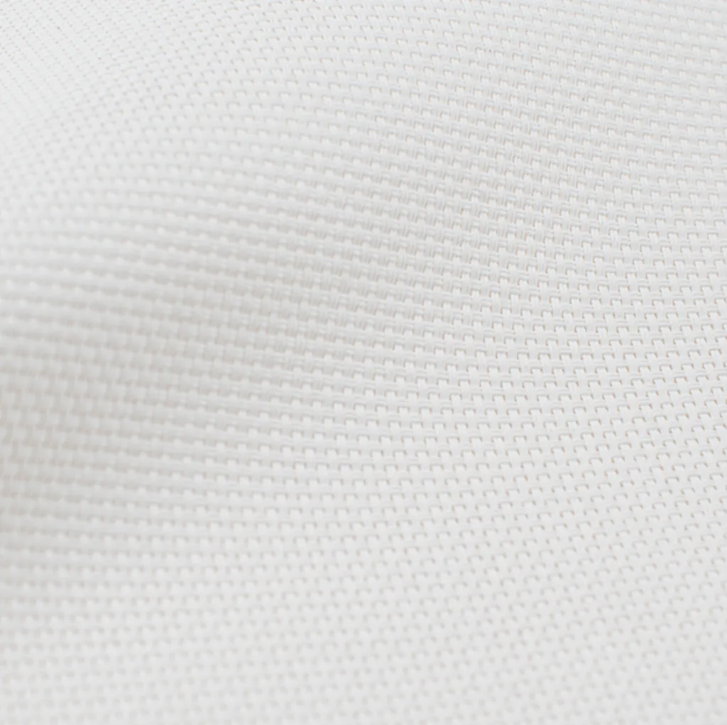 Textilene Nano 95 White motorized retractable screen fabric swatch — 95% UV blocking exterior shading mesh stocked by NWA Security Shutters in Northwest Arkansas