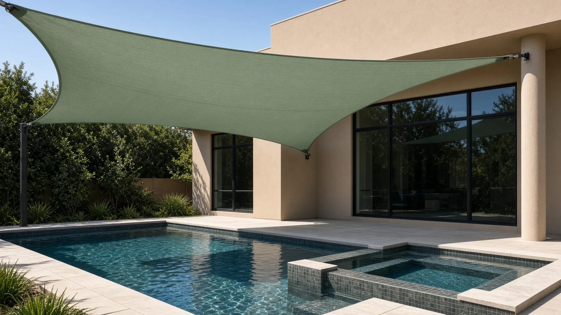 Cream hypar shade sail tensioned on steel posts over a modern pool