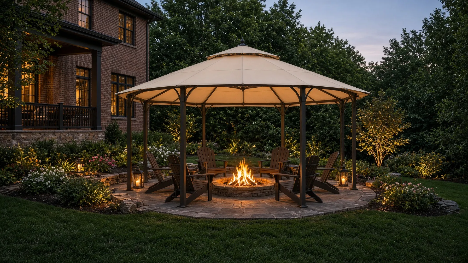 Octagonal shade canopy lit at dusk over a stone firepit and seating area