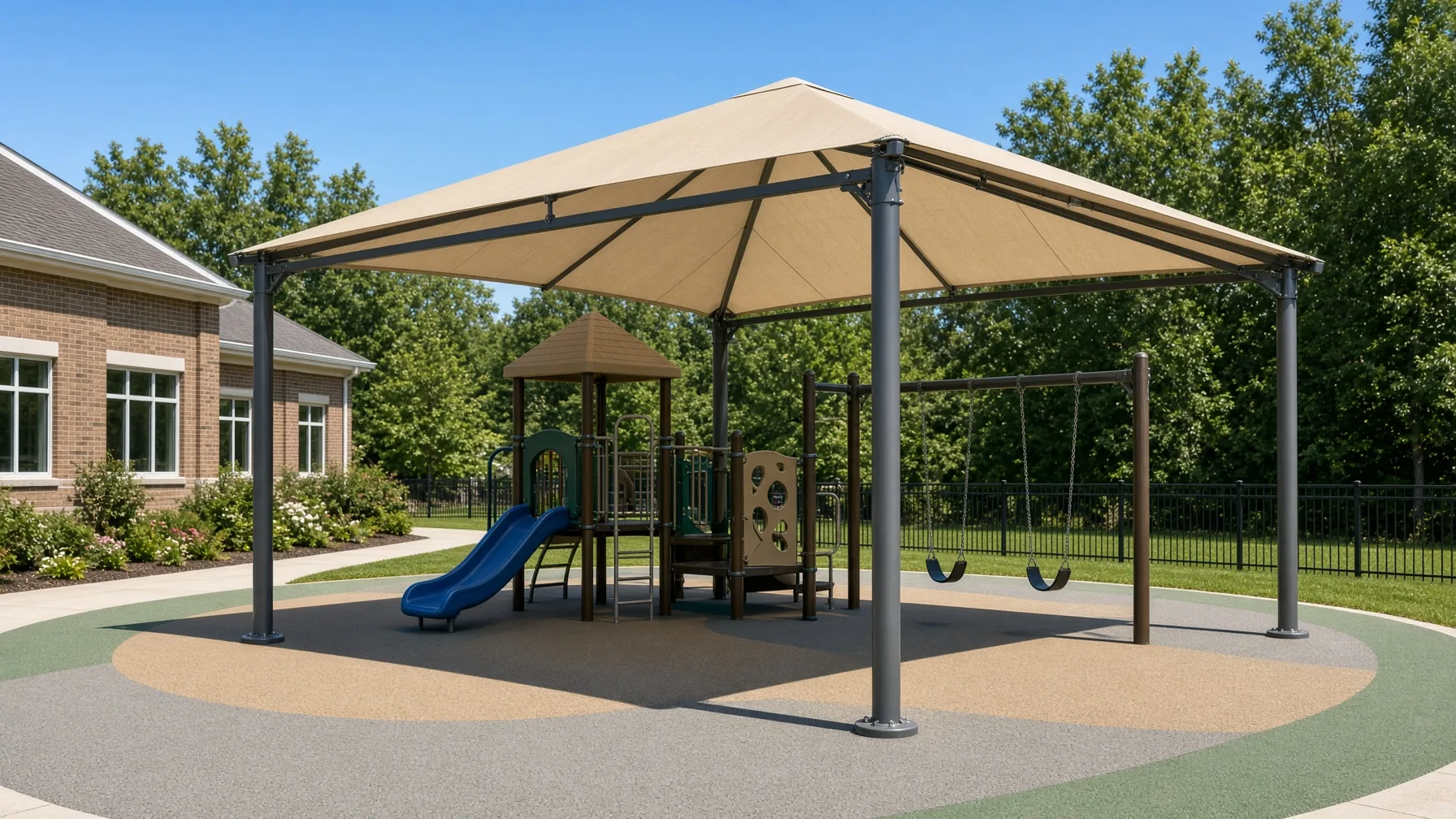 Tan hip shade canopy over a playground with steel posts and tensioned fabric roof