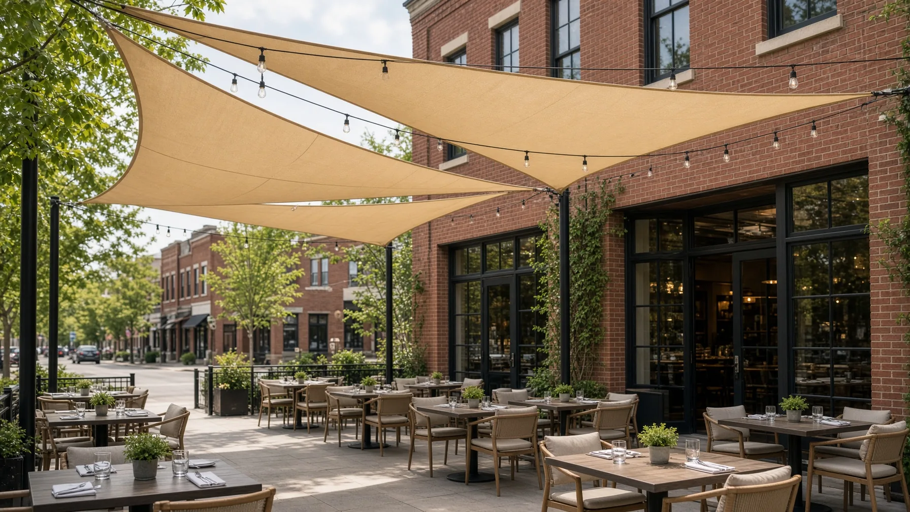 Tan tensioned shade sails over a commercial restaurant patio with string lights