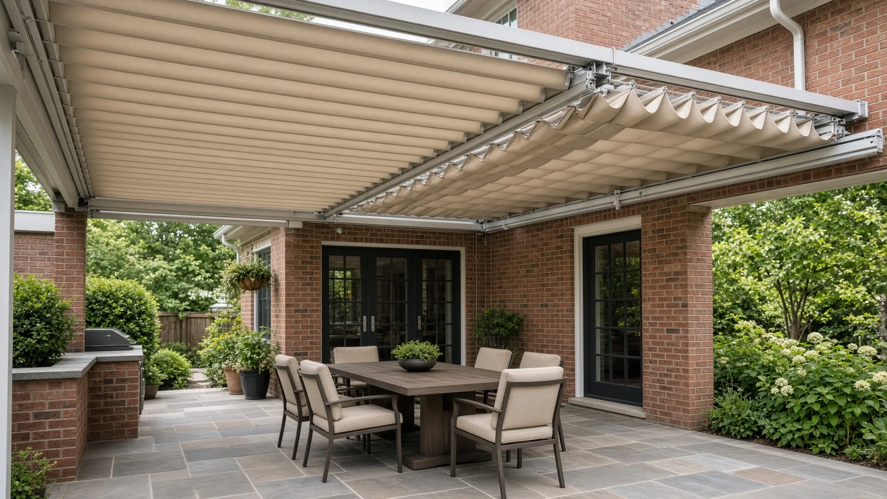 Retractable louvered shade structure over a brick patio with dining furniture