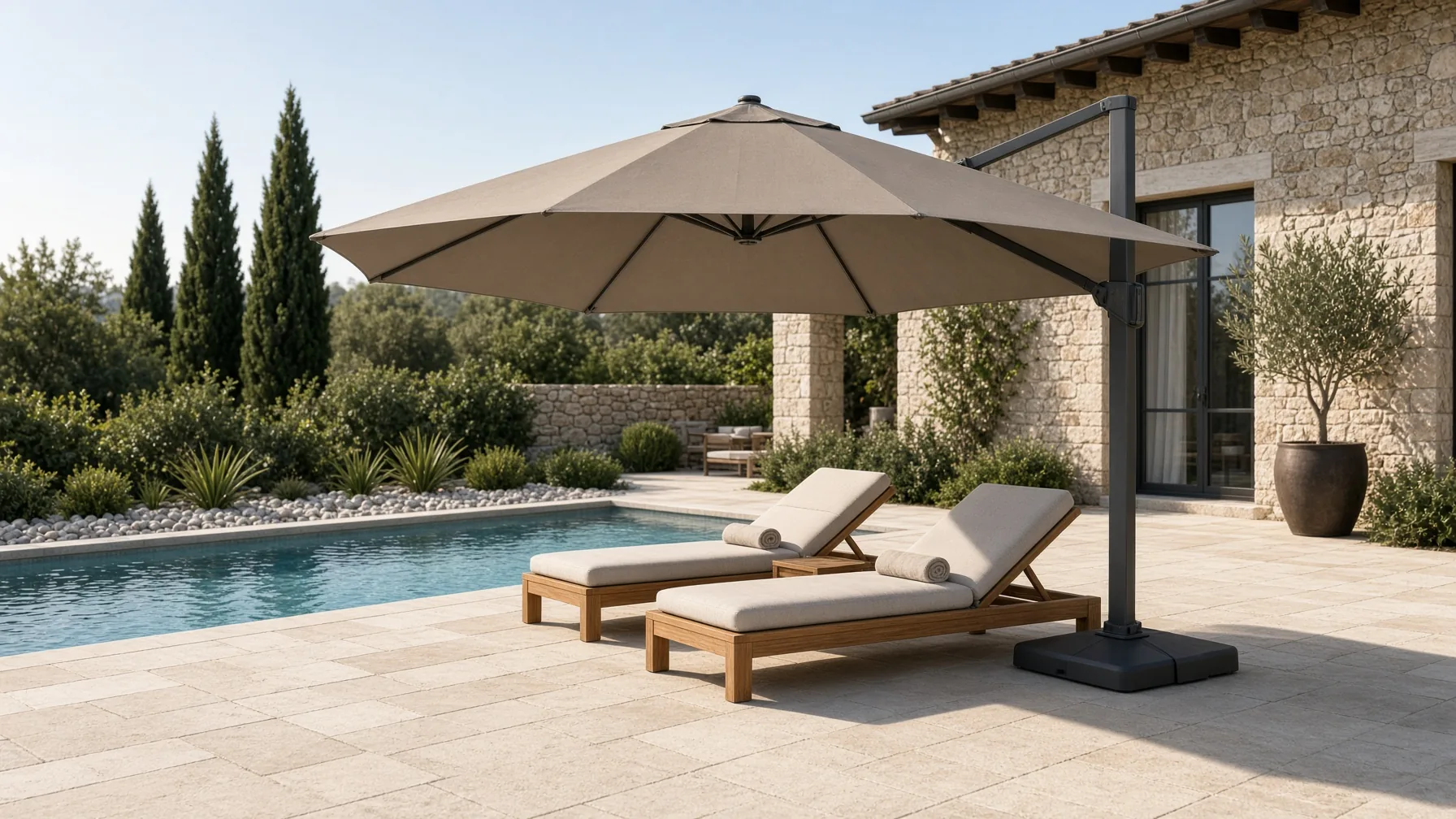 Large cantilever shade umbrella over poolside loungers on a stone patio